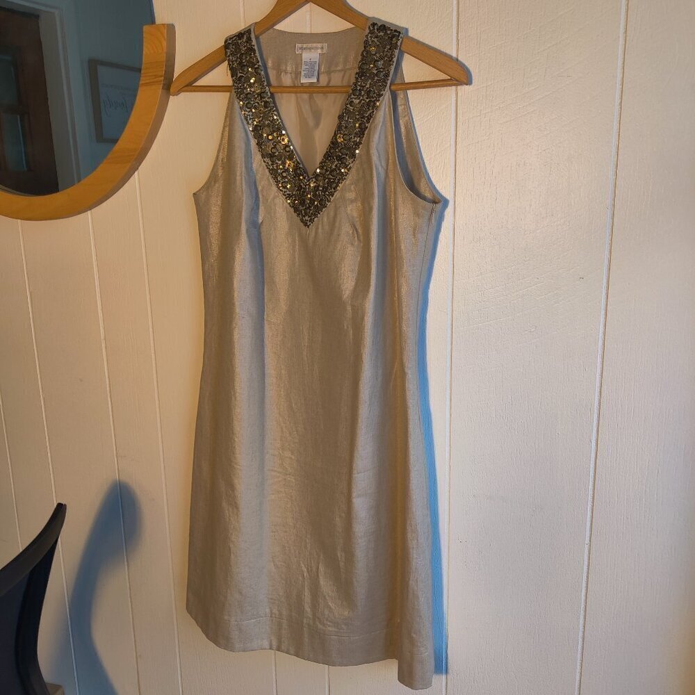 Linen Dress, Shimmering Beige Fabric and Beading at  V-neck, side zipper, Sz 6